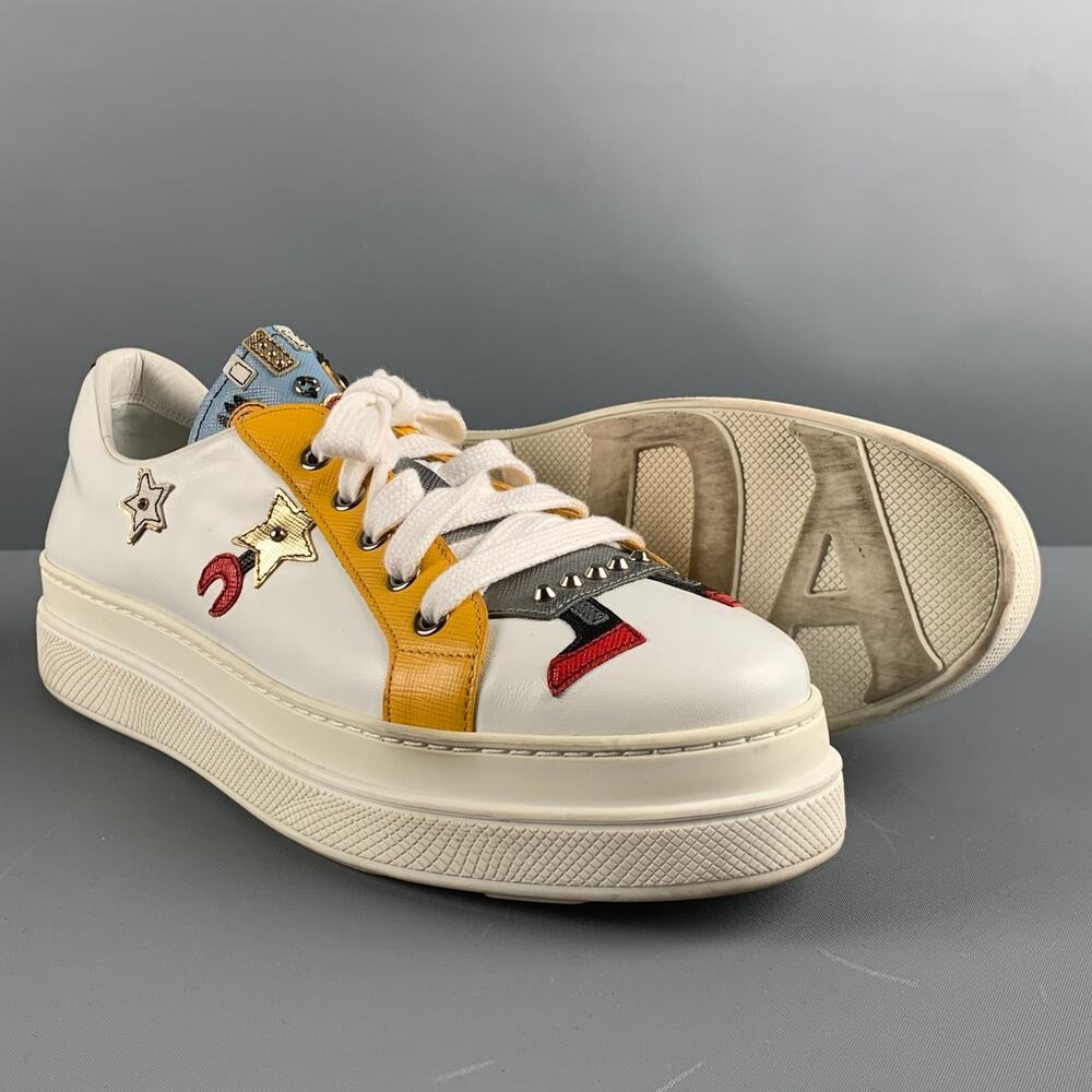 PRADA Size 10 White Multi-Color Leather Aplique Low Top Sneakers - Picture 5 of 8